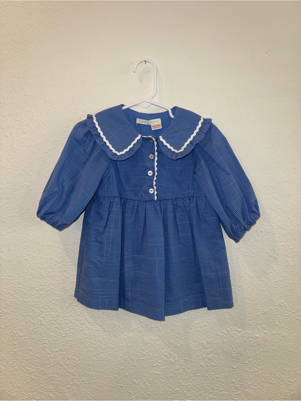 Zara Blue Girls' Checked Dress Top with Peter Pan Collar